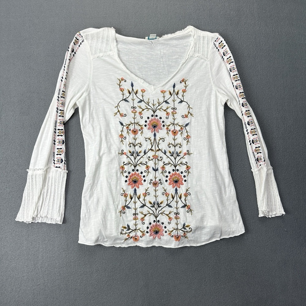 Sundance Floral Embroidered Boho Bell Sleeve Peasant Top V Neck Shirt Sz. Large